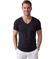 DeepSEA Siyah Erkek Slim Fit Derin V Yaka Basic Tişört %90 Pamuk Likralı Asimetrik Kesim 2602265