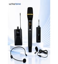 UHF Kablosuz Mikrofon Seti El Yaka ve Boyun Mikrofonlu 6.5 mm Alıcılı 3.5 mm Çeviricili Profesyonel Mikrofon Sistemi