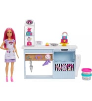 Barbie Pasta Dükkanı Oyun Seti Ve Pembe Saçlı 30 Cm Minyon Bebek, Fırın Standı, Pasta Yapma Özelliği (Çok Renkli)