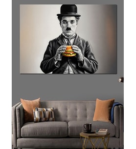 Hamburger Yiyen Charlie Chaplin Portresi Dekoratif Kanvas - Mdf Ahşap Tablo