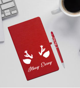Yılbaşı Hediyesi Kırmızı Defter & Kalem Seti (Beyaz)