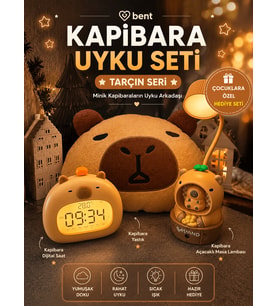 Kapibara Uyku Seti Çocuk Hediye Seti Şarjlı Kapibara Dijital Saat Alarm Saat Masa Lambası Peluş Yastık 3'lü Set Tarçın Seri