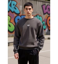 Erkek Bisiklet Yaka Düşük Kol Nakışlı Oversize Sweatshirt %65 Pamuk %35 Polyester Kaliteli