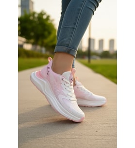 Enoch Kadın Spor Ayakkabı Desenli Nefes Alabilir File Sneaker  Taban Koşu Yürüyüş Ayakkabısı (Beyaz-Pembe)
