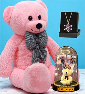 Pembe Peluş Ayıcık, Kişiye Özel Led Işıklı Fanus ve Gerçek Ametist Taşlı Lotus Kolye (Model 1)
