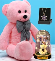 Pembe Peluş Ayıcık, Kişiye Özel Led Işıklı Fanus ve Gerçek Ametist Taşlı Lotus Kolye (Model 1)