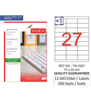 Tanex Lazer Etiket tw-2327 500 A4 Sayfa Laser Etiket 70 X 30 mm Boyutunda 1 A4 Sayfada 27 Etiket
