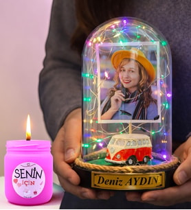 Kişiye Özel Renkli Led Işıklı Kırmızı Vosvoslu Fanus ve Kokulu Mum