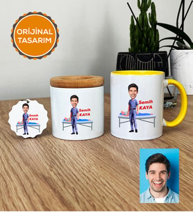 Kişiye Özel Karikatürlü Fizyoterapist Hediye Seti Kupa Bardak, Kalemlik, Anahtarlık Erkek Fizyoterapiste Tıp Bayramı Hediyesi (Sarı)