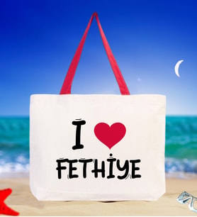 BK Gift I Love Fethiye Renkli Kulp Kanvas Plaj Çantası 48x40m, Baskılı Omuz Çantası, Alışveriş Çantası (Kırmızı)