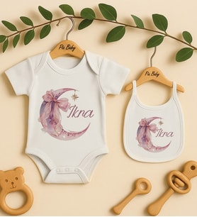 Pia Baby Premium %100 Pamuk İsme Özel Organik Baskılı Çıtçıtlı Bebek Body Ve Önlük 5065-20 (Ekru)