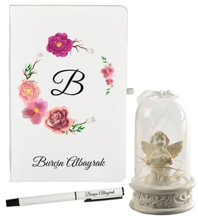 Anneme Hediye Kişiye Özel Defter ve Işıklı Melek Fanus Hediye Seti