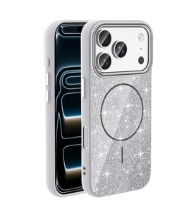 iPhone 17 Pro Max Kılıf Magsafe Şarj Özellikli Parlayan Simli Okso Kapak (Beyaz)