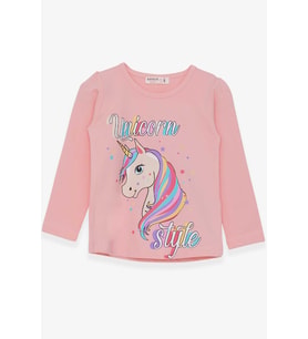 Breeze Kız Çocuk Uzun Kollu Tişört Unicorn 2-6 Yaş, Pudra