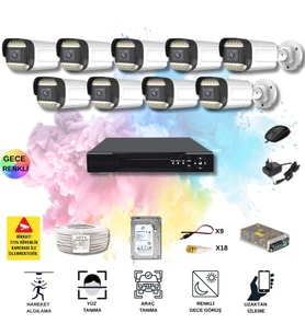 9 Kameralı Set - Yapay Zeka Özellikli Gece Renkli Gösteren 5MP SONY Lensli 12 Warm Ledli FULLHD Güvenlik Kamerası Seti 312W-116