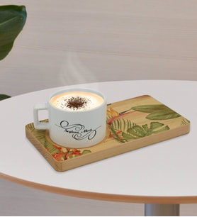 BK Gift Kişiye Özel Yapraklar Tasarımlı Doğal Ahşap Tabaklı Seramik Fincan Sunum Seti  Model 6