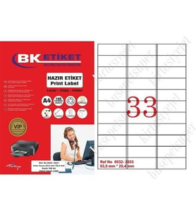 A1 Etiket Lazer Etiket tw-2033 100 A4 Sayfa Laser Etiket 63.5 x 25.4 mm Boyutunda 1 A4 Sayfada 33 Etiket