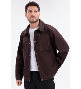 Erkek Dikiş Detaylı Oversize Gabardin Ceket - Mont (Kiremit)