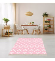 Geometrik Karo Desenli Dijital Baskı Yıkanabilir Kaymaz Taban Modern Salon Halısı ve Yolluk (Pudra) (Pembe)
