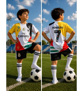 Cristiano Ronaldo Tüm Takımlar Ortak Tasarım (Sarı) Futbol Çocuk Forması 4 lü set Çorap Bileklik Hediyeli