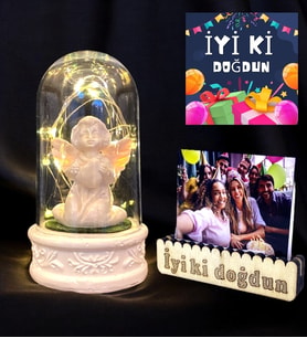 İyi Ki Doğdun Fotoğraflı Led Lambalı Beyaz Melekli Fanus / Doğum Günü Hediyesi
