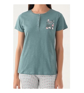 Arnetta Patlı Düğmeli Yaka %100 Pamuk Bayan Pijama Takım (Yeşil)