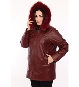 Hakiki Deri Bordo Kapşonlu Kürklü Kadın Ceket