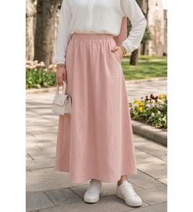 Cepli Beli Lastikli Poplin Etek 1727 - Pembe