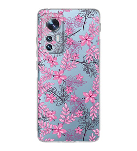 Xiaomi Mi 12 Uyumlu Kamera Korumalı Kapak Floral Pembe Tasarımlı Şeffaf Silikon Kılıf