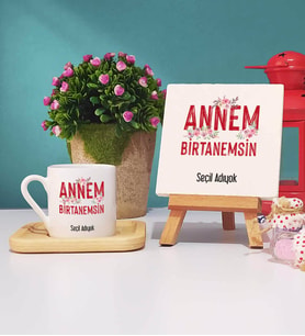 Anneler Günü Hediyesi Anneye Hediye - 7 - Ahşap Altlıklı Türk Kahvesi Fincanı ve Dekoratif Taş Baskı