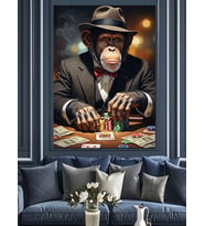 Kumar Masasında Şık Maymun Dekoratif Kanvas - Mdf Ahşap Tablo