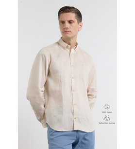 Bej Keten Düğmeli Yaka Uzun Kol Cepsiz Slim Fit %100 Keten Gömlek 1004260161