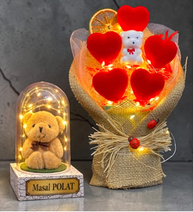 Kişiye Özel Led Işıklı Fanus ve Led Işıklı Kalp Buketi (Model 5)