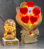 Kişiye Özel Led Işıklı Fanus ve Led Işıklı Kalp Buketi (Model 5)