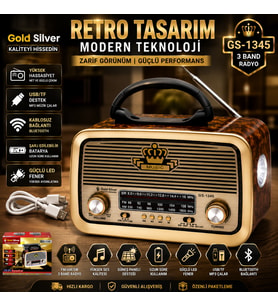 Gold Silver GS-1345 Nostaljik Görünümlü Retro Radyo (Güneş Panelli & El Fenerli)