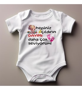 %100 Pamuklu Dayımı Daha Çok Seviyorum Temalı Kişiselleştirilebilir Baskılı Zıbın (Pamuk Beyaz)