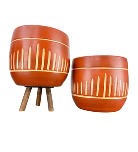Bitki Tasarımı Dik Çizgi Desenli Toprak Saksı Saksılık Salon Çiçeklik İkili Set Ayaksız - 3 Ayaklı- 19 CM