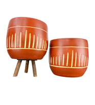 Bitki Tasarımı Dik Çizgi Desenli Toprak Saksı Saksılık Salon Çiçeklik İkili Set Ayaksız - 3 Ayaklı- 19 CM