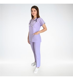 Unisex Lila Terikoton Scrubs Doktor Hemşire  Alt Üst Takım
