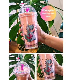Sevimli Dino Temalı Çift Katman 450 ml Suluk Pipetli Mika Matara Pembe 2769