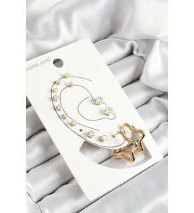 316L Çelik Yıldız Figürlü Ve Zirkon Taşlı Gold Renk 7'li Çift Kadın Küpe Set (Gümüş)