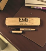 Kişiye Özel İsim Baskılı Ahşap Bambu Kalem Ve Bambu Kutu (Siyah)