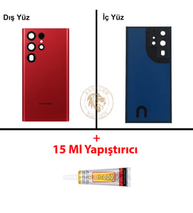 Samsung S22 Ultra Kırmızı Arka Pil Kapağı Batarya Kapağı Lazer Kesim + B-7000 Yapıştırıcı