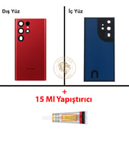 Samsung S22 Ultra Kırmızı Arka Pil Kapağı Batarya Kapağı Lazer Kesim + B-7000 Yapıştırıcı