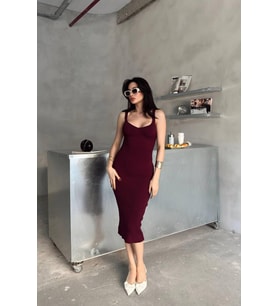 Nare Askılı Koyu Bordo Triko Midi Elbise (Bordo)