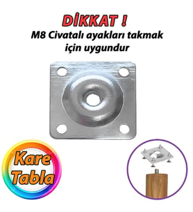 Mobilya Baza Koltuk Zigon Sehpa Ayağı Metal Bağlantı Aparatı Düz Ayak Tabanı M8 Civatalı Kare Tabla (Gri)