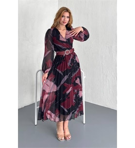 Neşeli butik kadın kemerli kruvaze yaka desenli şifon elbise NBK20302 (Bordo)