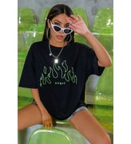Unisex Green Angel Baskılı T-shirt (Siyah)