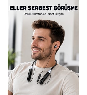 Mey İthalat® Uzun Kullanım Süreli Bluetooth Kulaklık Boyun Bantlı Mikrofonlu Kablosuz Müzik ve Görüşme Kulaklığı