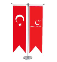 Masa Üstü Kırlangıç Saadet Partisi + Türk Bayrağı + Krom T Direk Masa Bayrak Seti